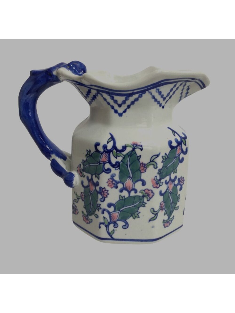 Vintage Chinoiserie Ceramic Blossom Octagonal Pitcher Vase Salamander Handle